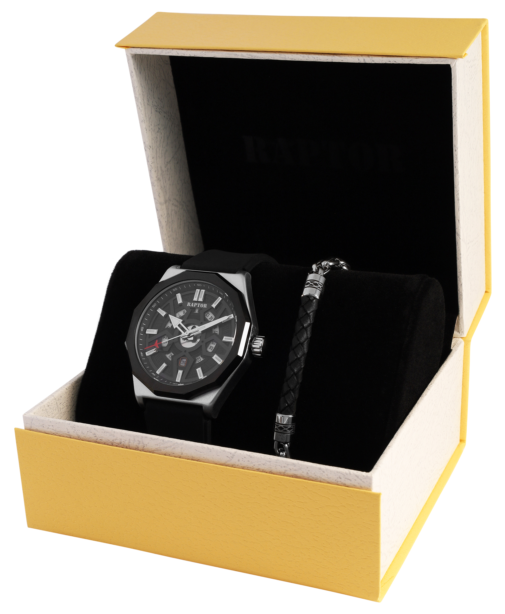 Raptor Herren Geschenkset - Herrenuhrsilikonband mit Amband 19+3 cm, Edelstahl/ Echtleder