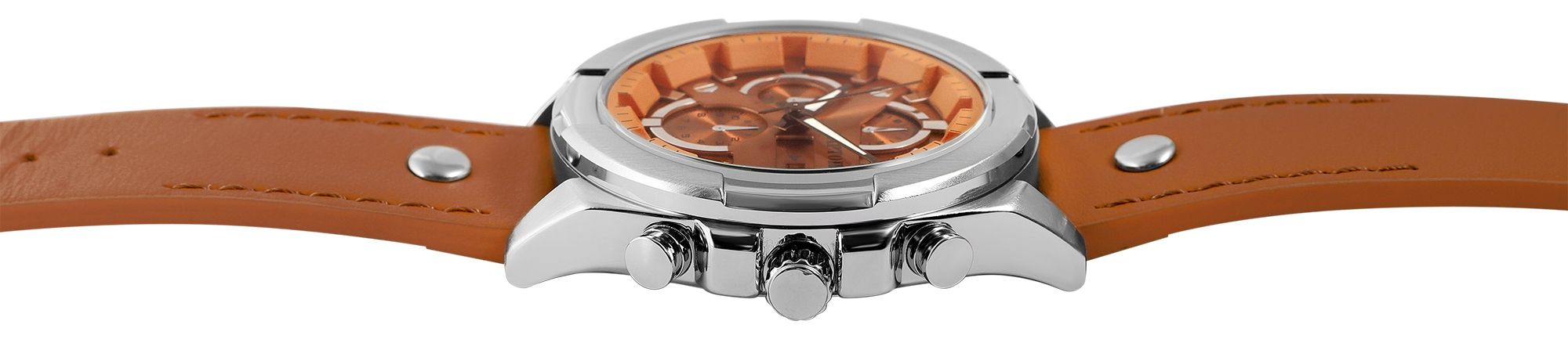 Raptor Herrenarmbanduhr "Rivet" Armband Unterseite Lederimitation, Oberseite Echtleder, hellbraun/silberfarben