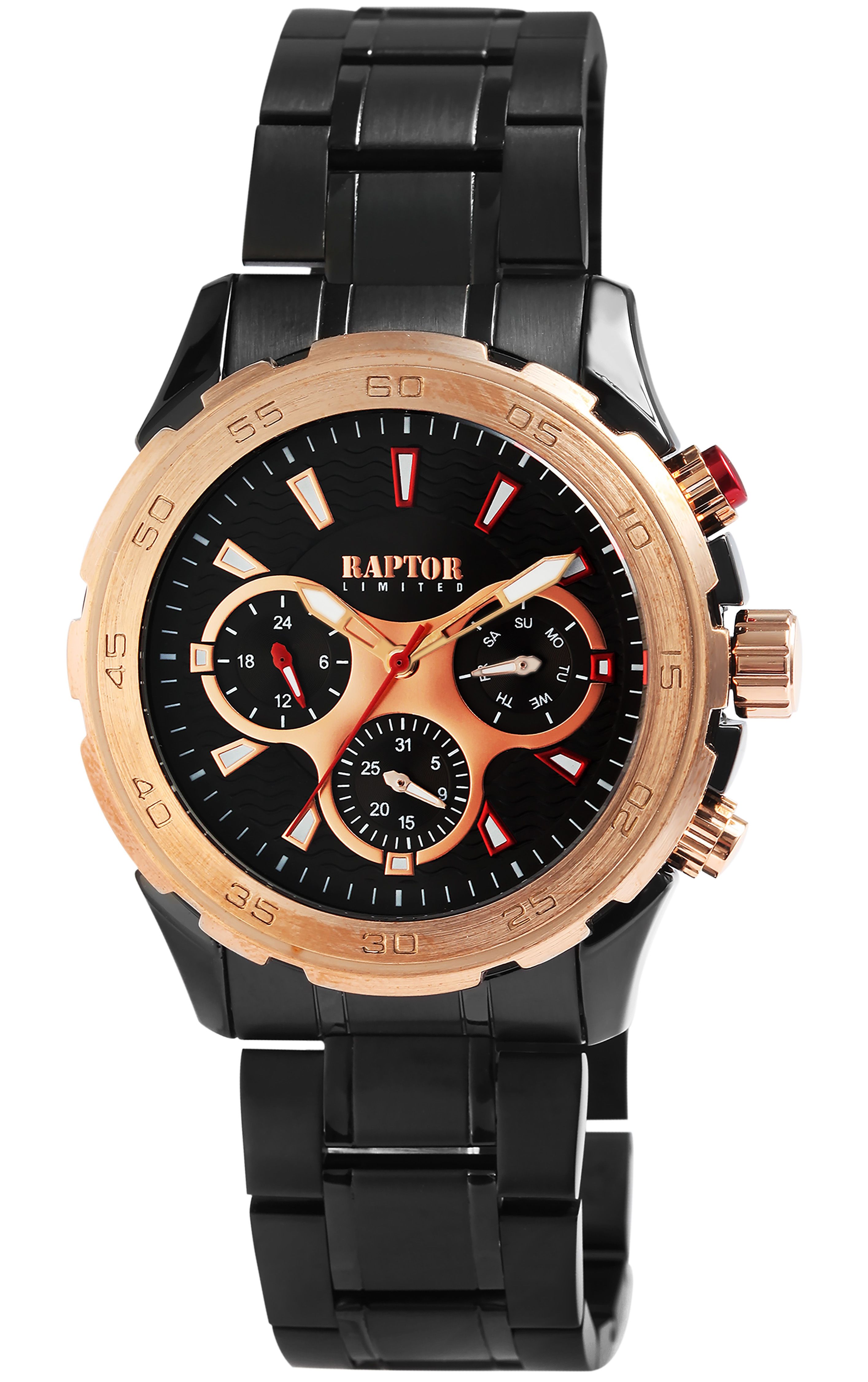 Raptor Limited Herrenuhr "Amir" mit Edelstahlarmband und Multifunktionsanzeige, schwarz/roségoldfarben