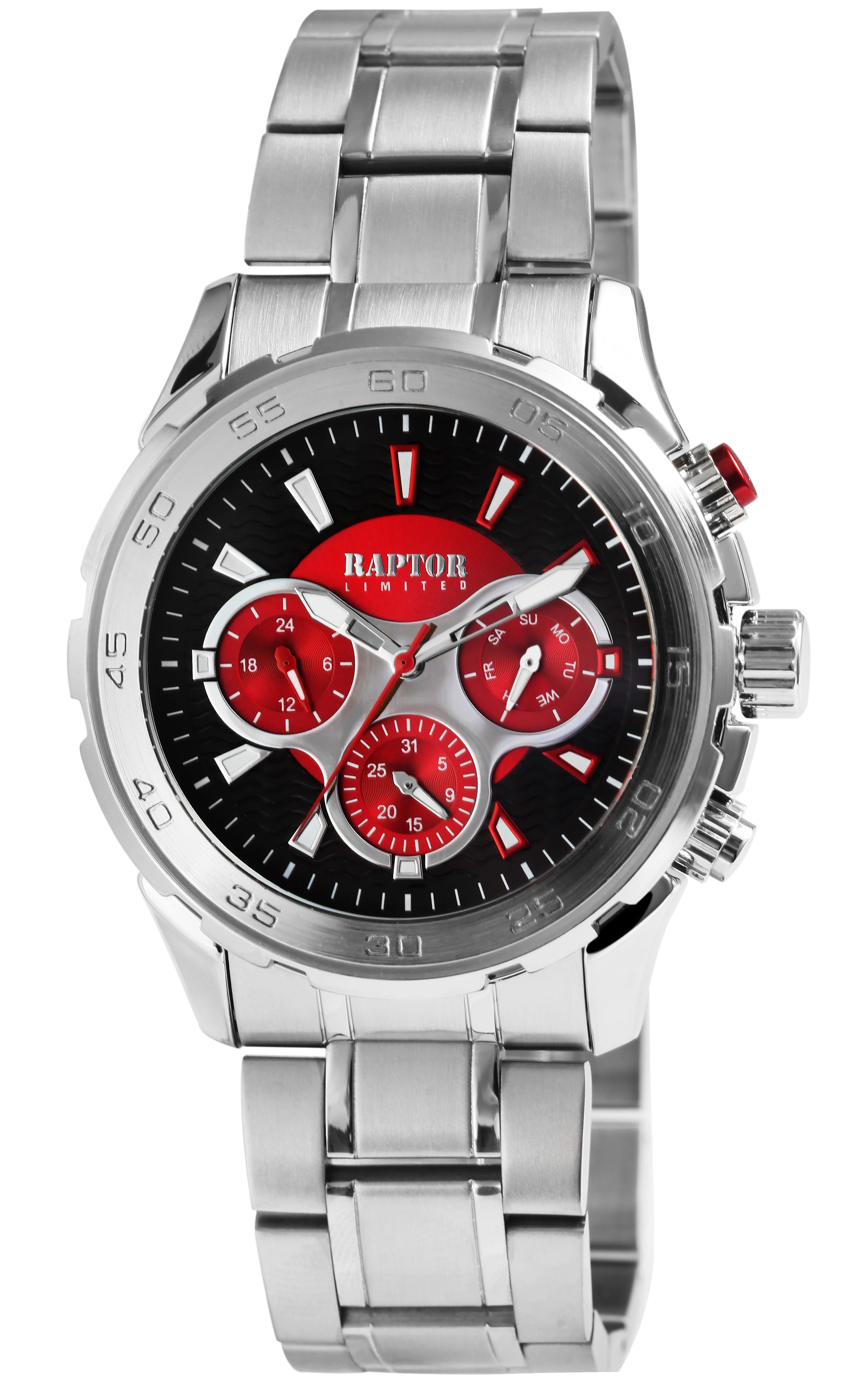 Raptor Limited Herrenuhr "Amir" mit Edelstahlarmband und Multifunktionsanzeige, silberfarben/schwarz
