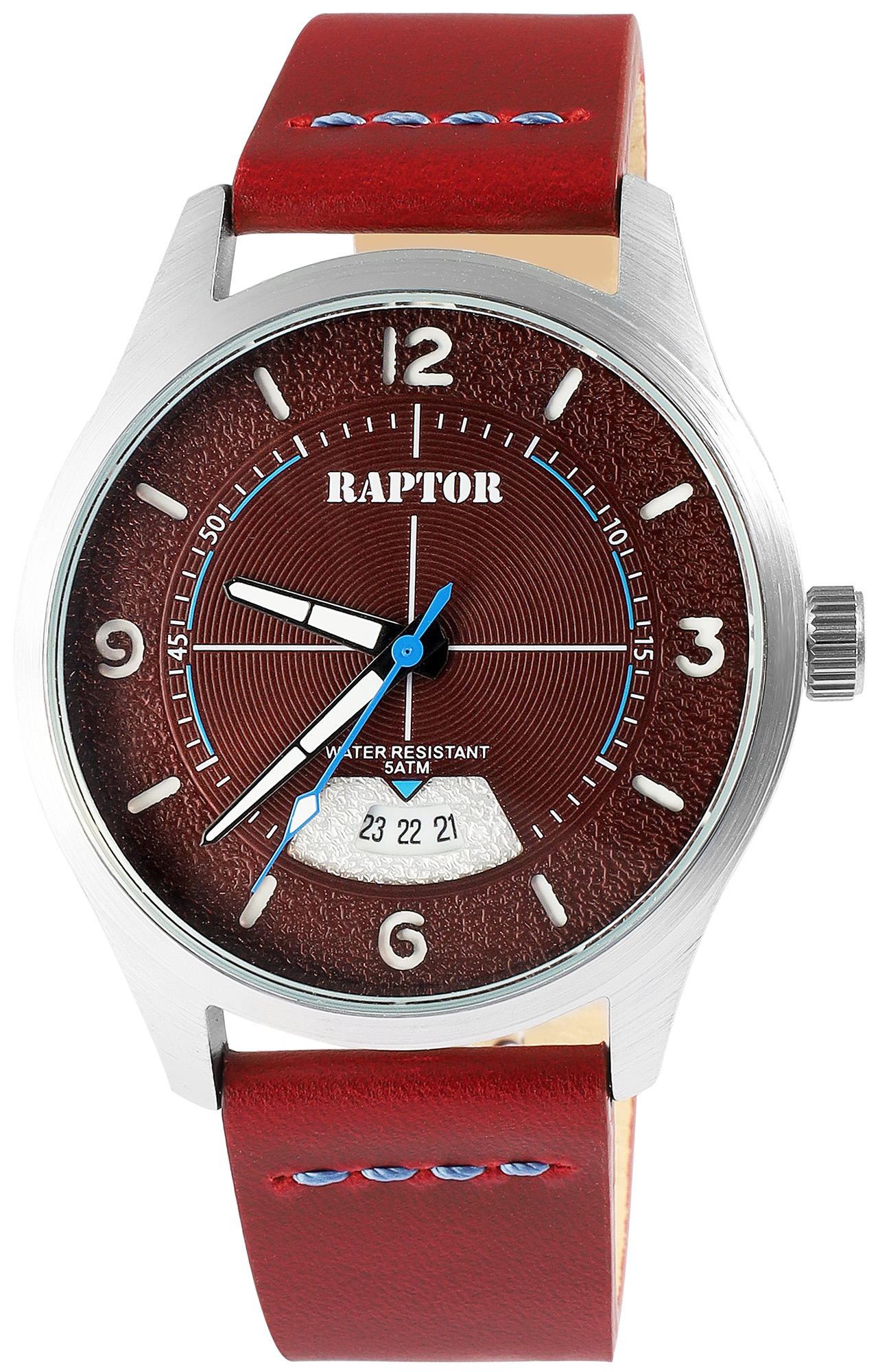 Raptor Herrenuhr "Falkor" mit Lederarmband, Datumsanzeige, 5 ATM, dunkelrot/silberfarben