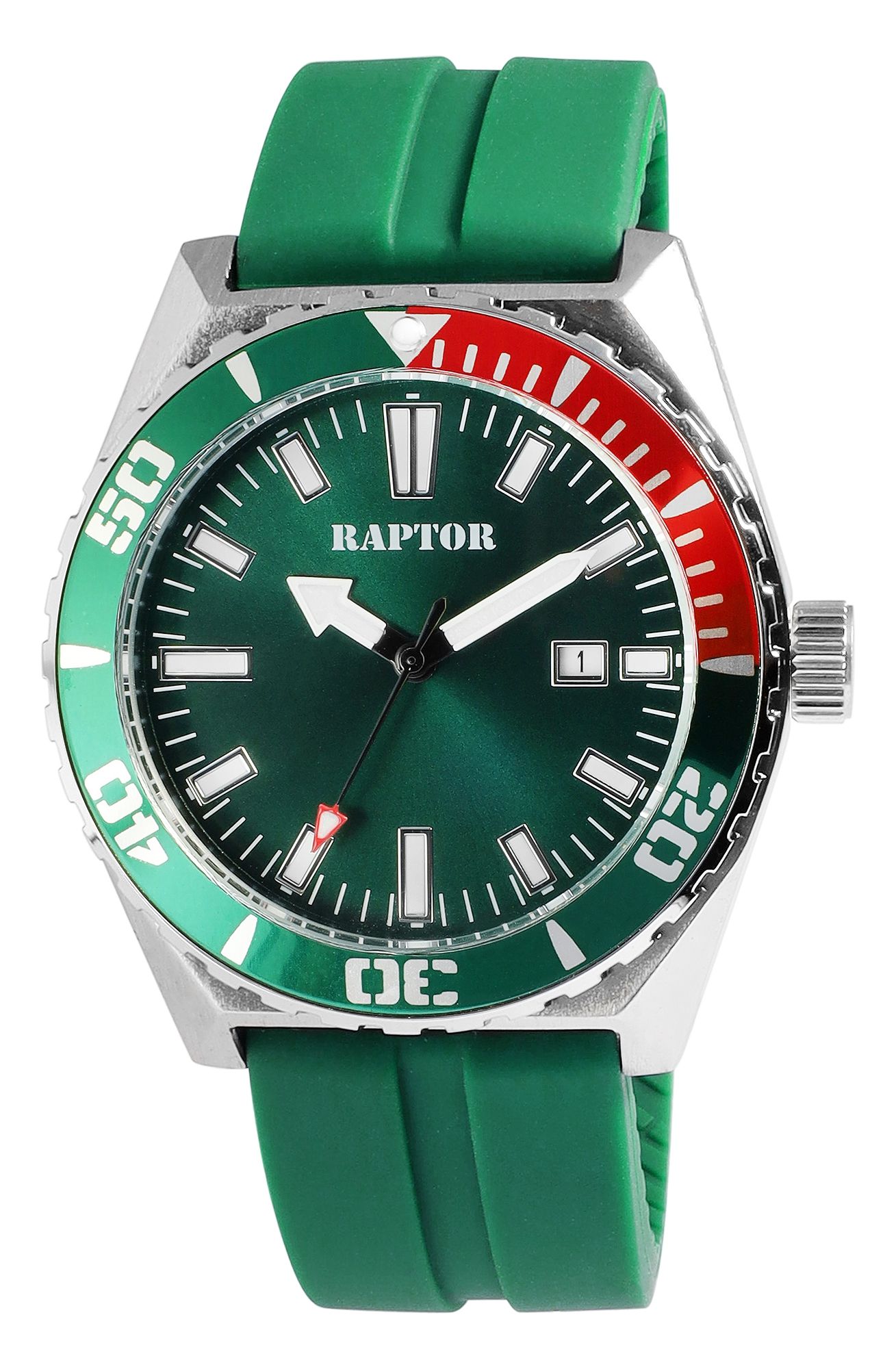 Raptor Herrenuhr "Jett" mit Silikonarmband, drehbare Lünette, Datumsanzeige, 5 ATM, grün