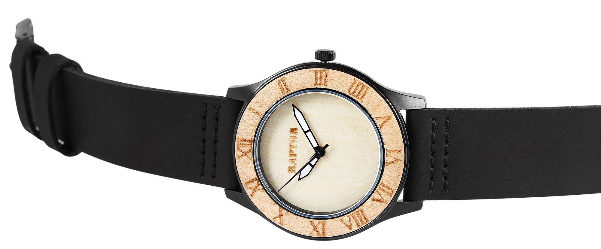 Raptor Ahorn Holz Damenuhr "Toyah" Echtlederarmband schwarz