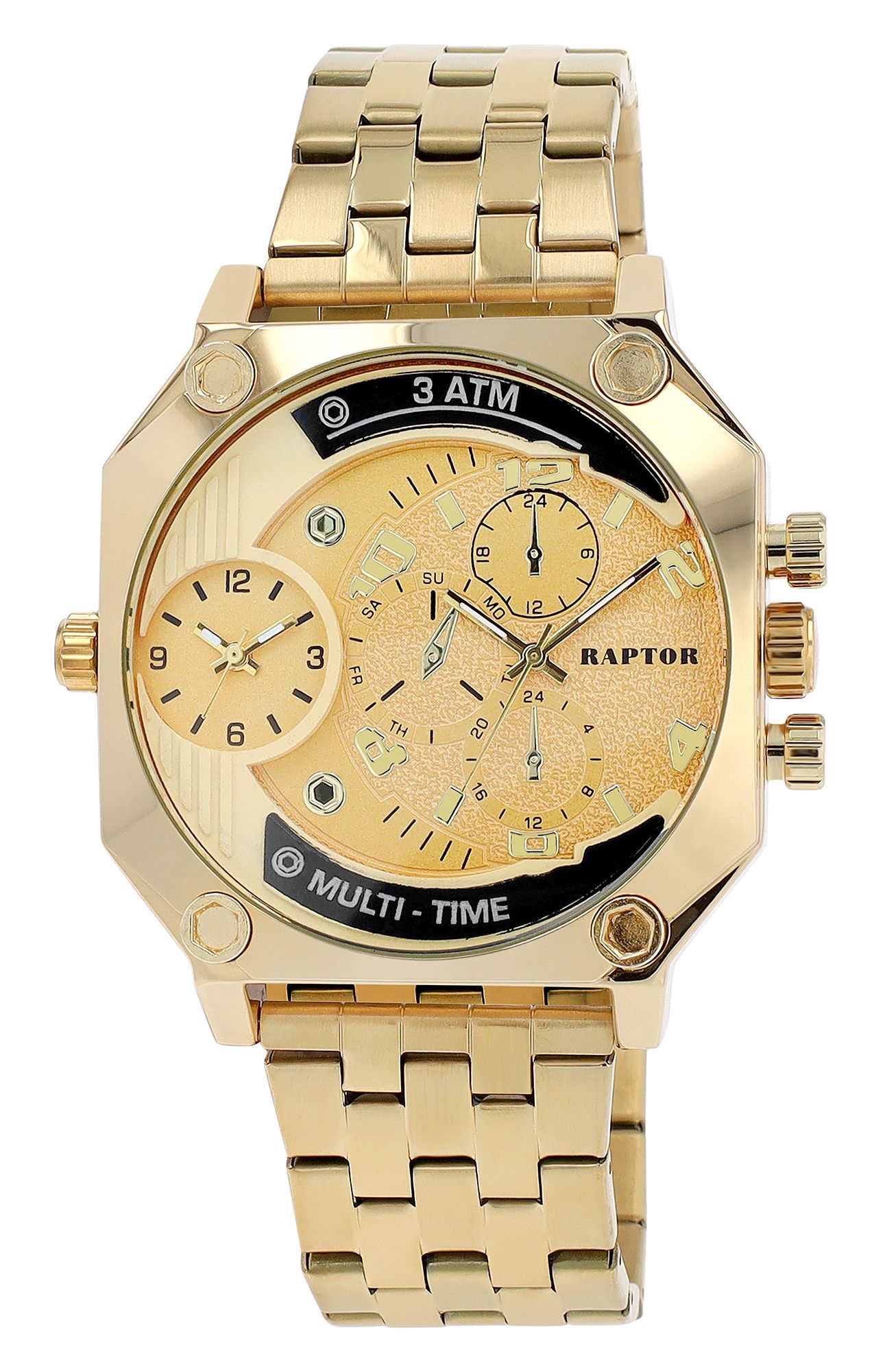 Raptor Herrenuhr "Magnus" mit Edelstahlarmband, Multi-Time, goldfarben