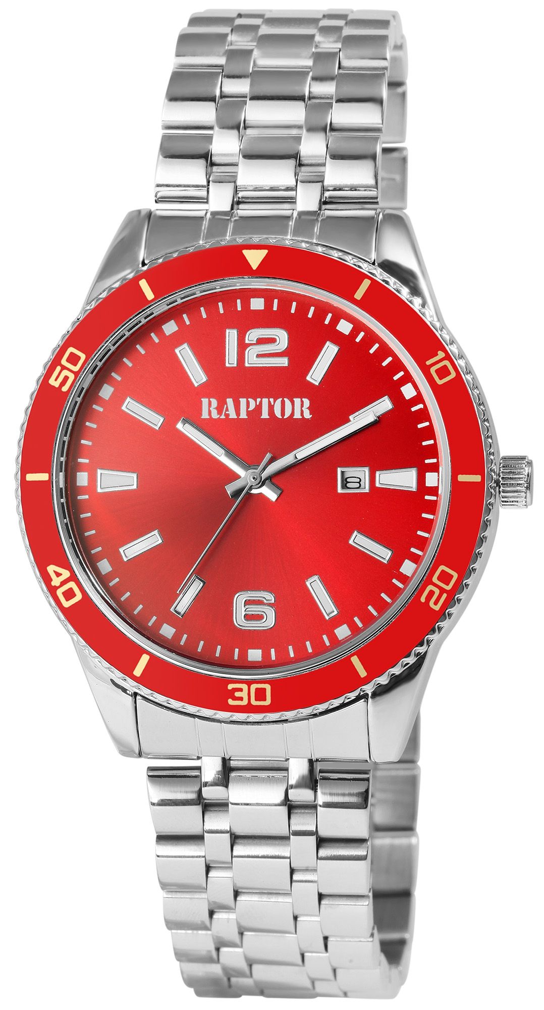 Raptor Herrenuhr "Brandon" mit Edelstahlarmband, Datumsanzeige, silberfarben/rot