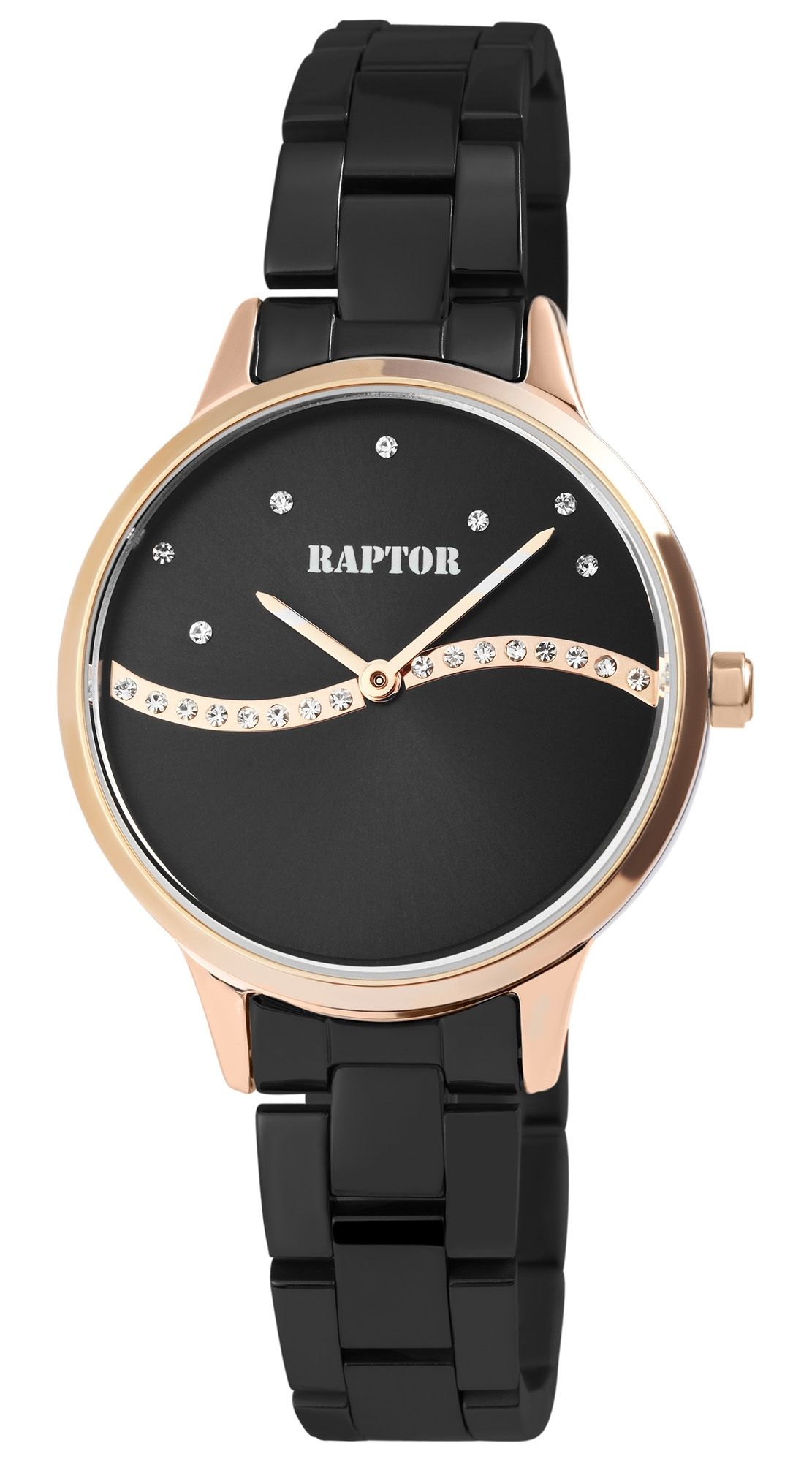 Raptor Damenuhr "Flake" mit Edelstahlband, schwarz/roségoldfarben