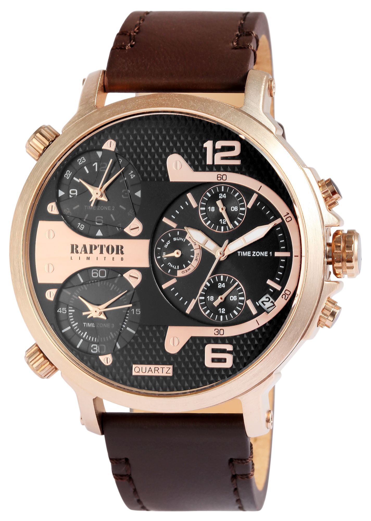 RAPTOR LIMITED Multifunktions-Herrenuhr "Maxx" Echtlederband, Ø 52 mm, braun/roségoldfarben