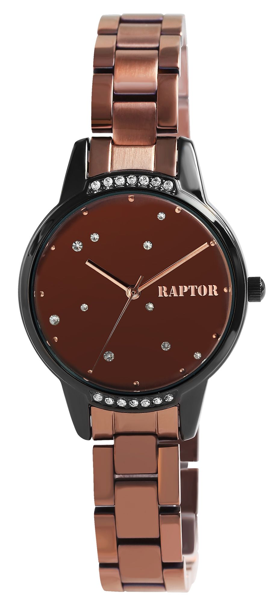 Raptor Damenuhr "Elisa", Edelstahlarmband, besetztes Zifferblatt, braun
