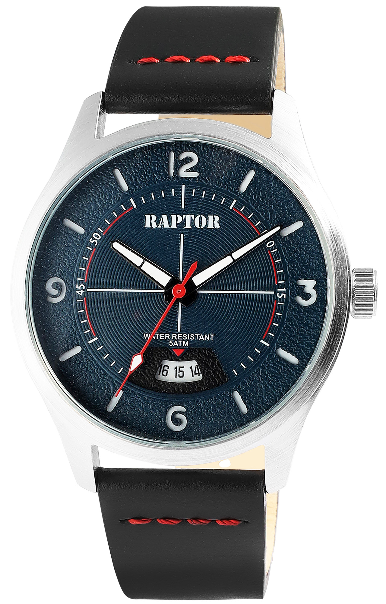 Raptor Herrenuhr "Falkor" mit Lederarmband, Datumsanzeige, 5 ATM, schwarz/ZB blau