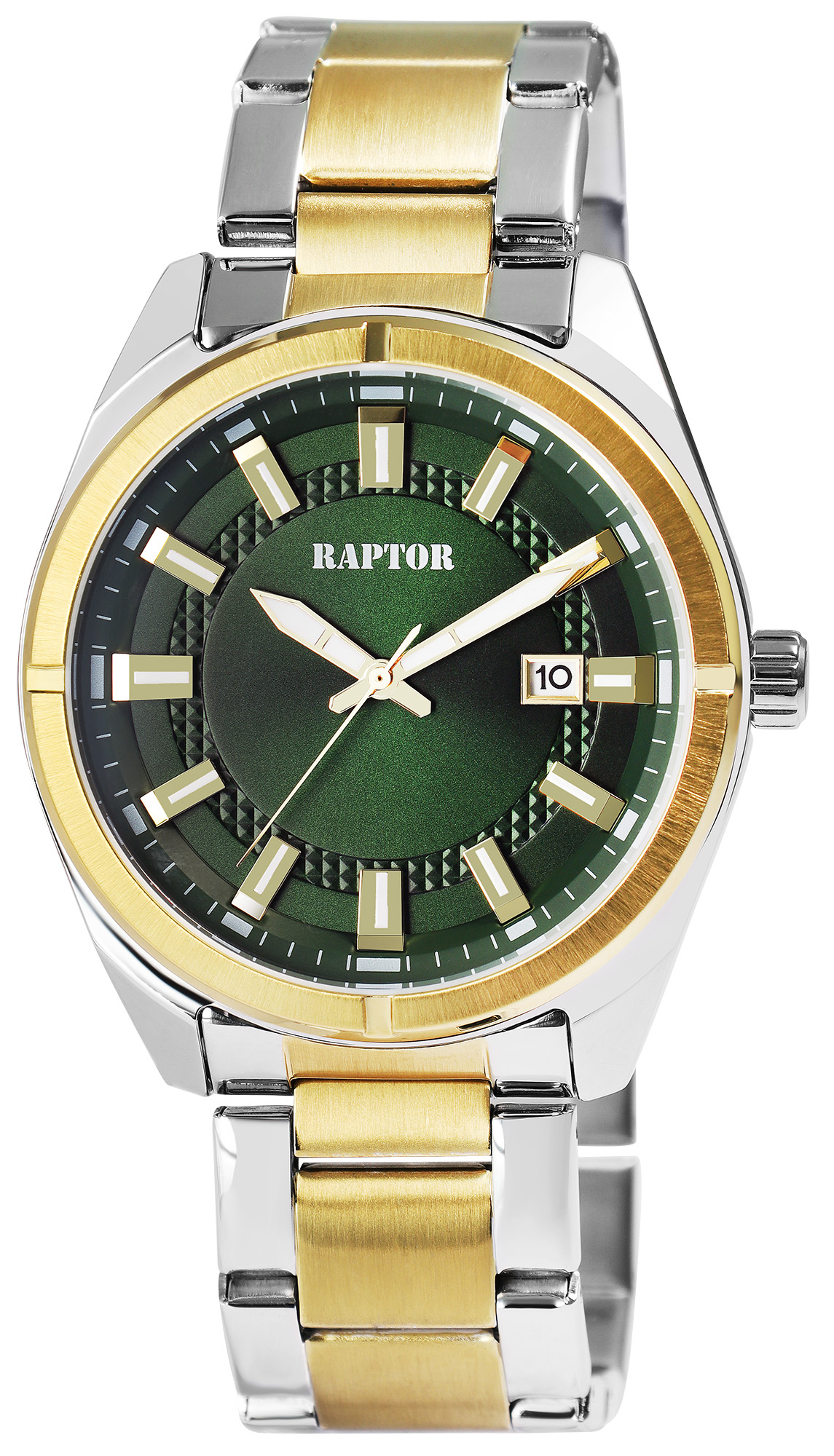 RAPTOR Herrenuhr "Nikolle" mit Edelstahlband Ø 44 mm, bicolor (silberfarben+goldfarben)/ Grün