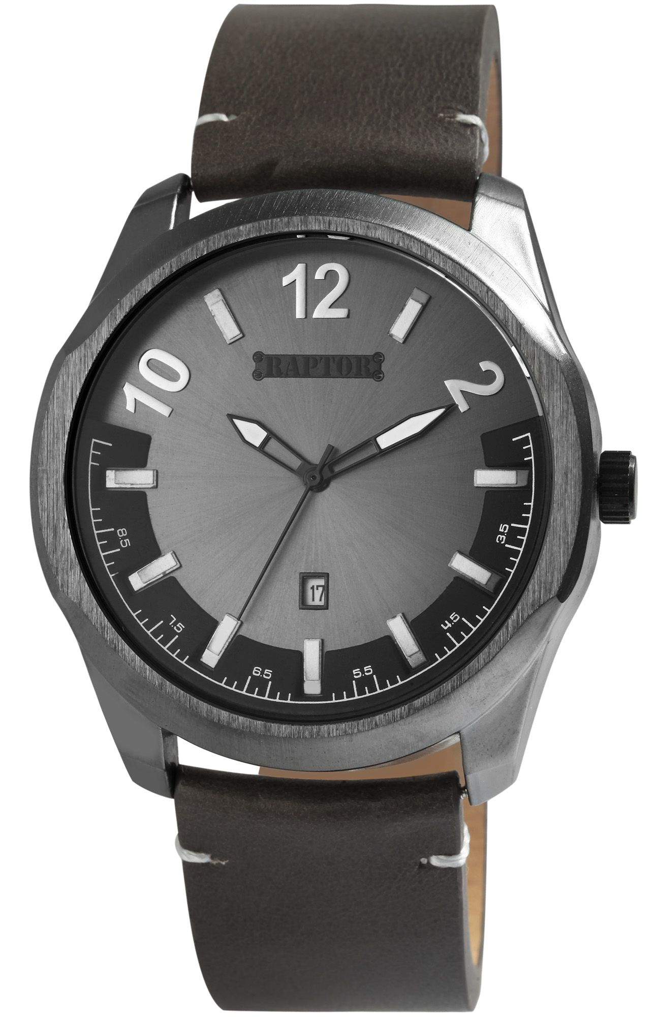 Raptor Herrenuhr "Charley" mit Echtlederarmband, Datumsanzeige, taupe/grau