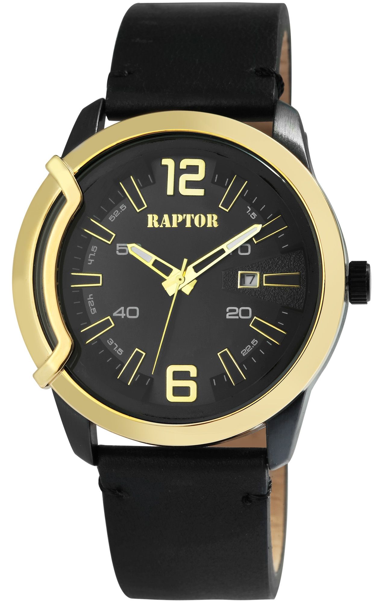 Raptor Herrenuhr "Davian" mit Echtlederarmband, Datumsanzeige, schwarz/goldfarben