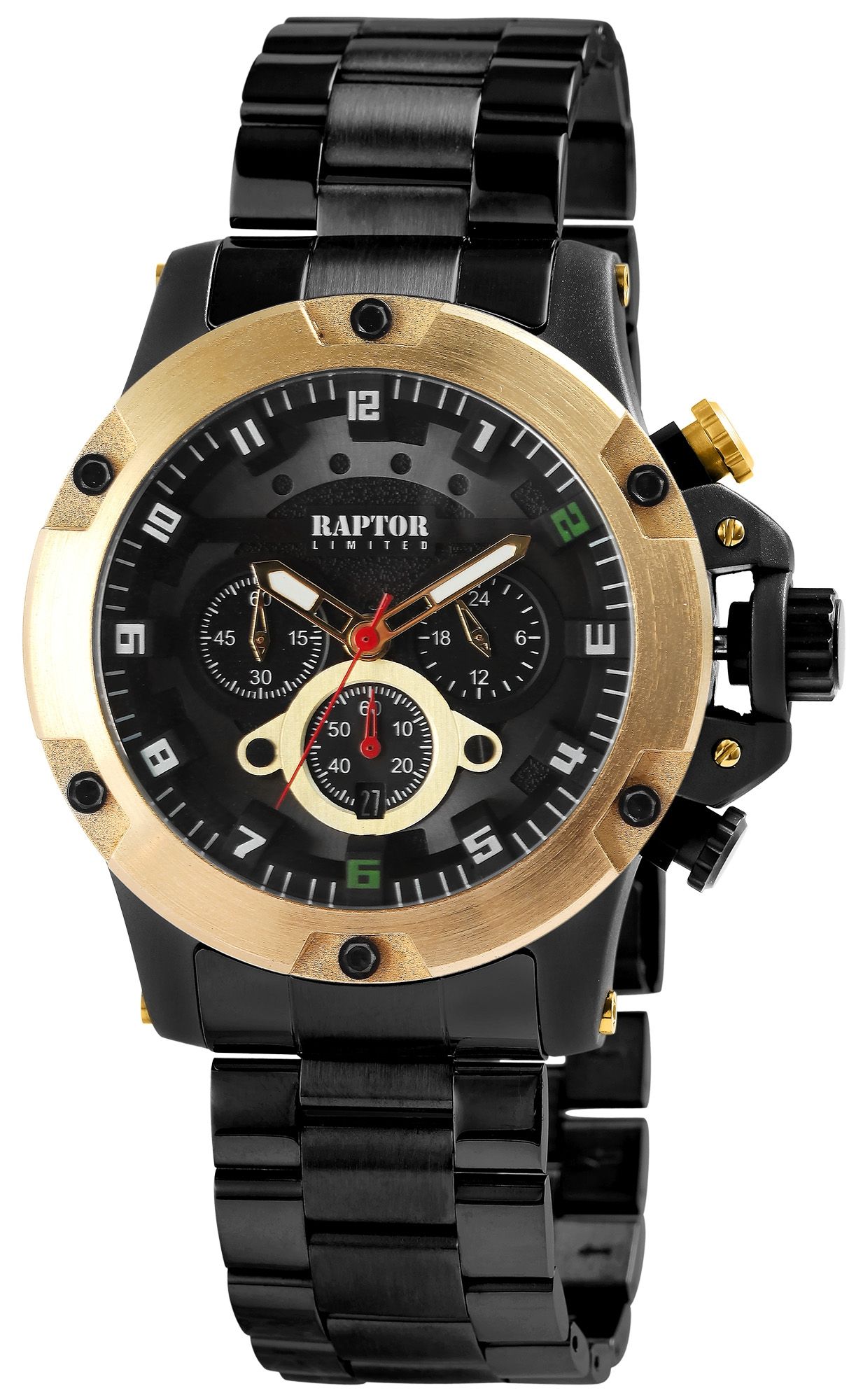 Raptor Limited Herrenchronograph "Soheib" mit Edelstahlarmband, schwarz/goldfarben