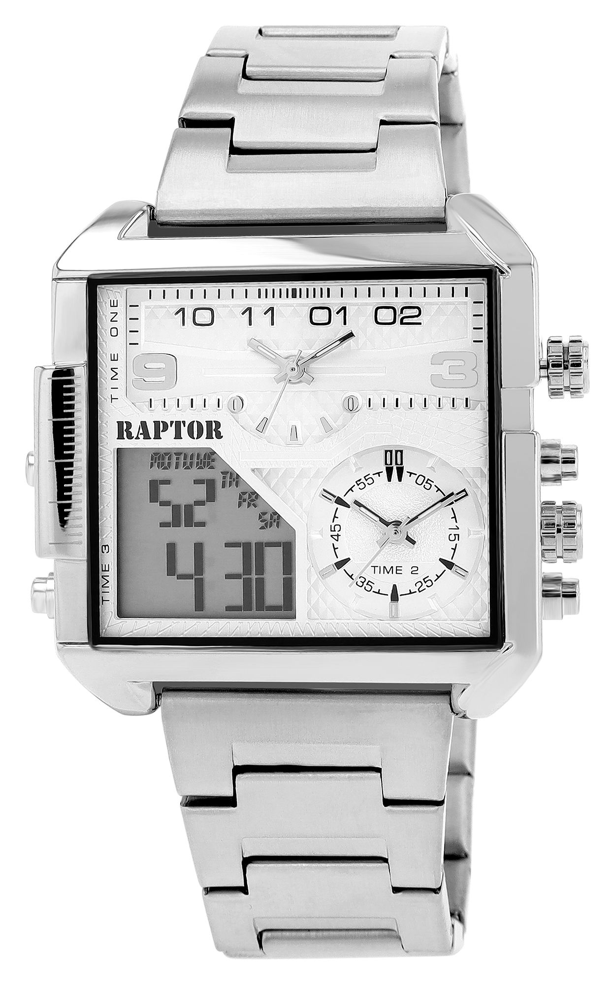 Raptor Herrenuhr "Domian" mit Edelstahlarmband, 3 Zeitzonen, eckig, analog/digital, silberfarben