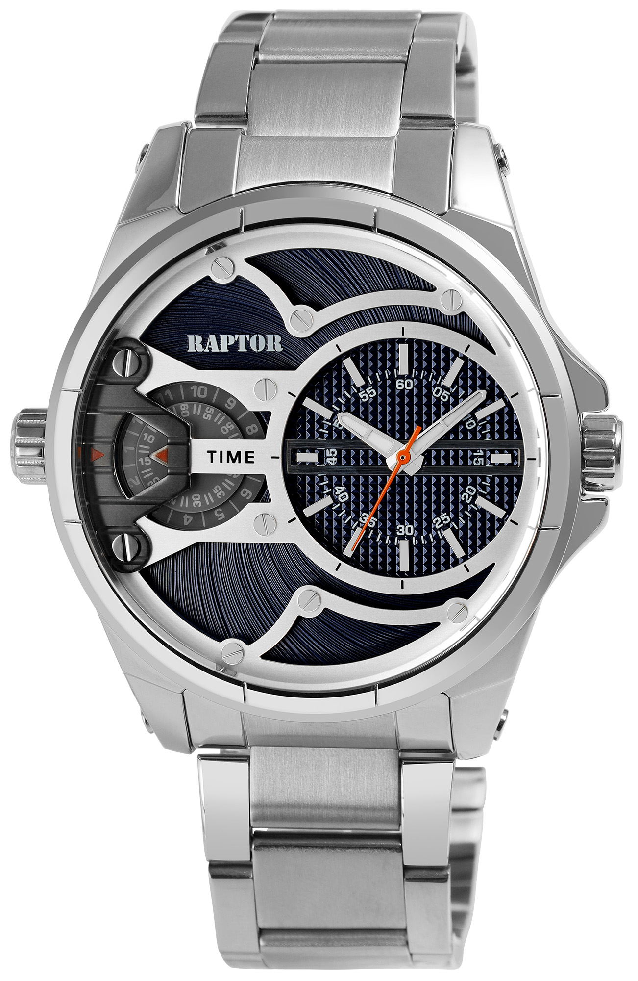 RAPTOR Herrenuhr "Gabriel" mit 2 Uhrwerken, Edelstahlband, 3ATM, silberfarben/ Blau