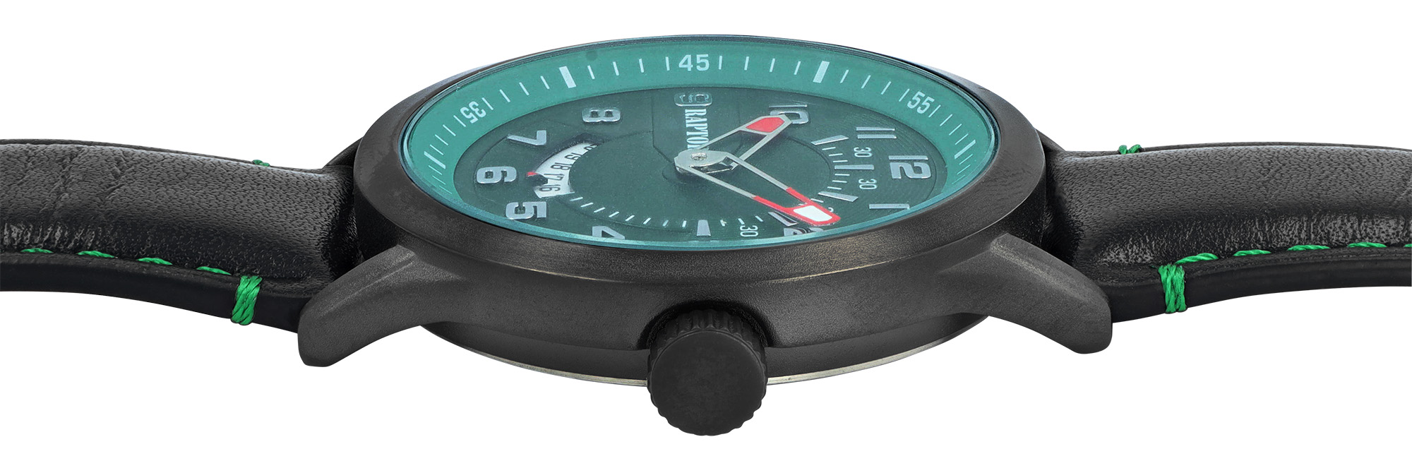 Raptor Herrenuhr "Yava" mit Lederarmband, Datumsanzeige, 5 ATM, schwarz/grün