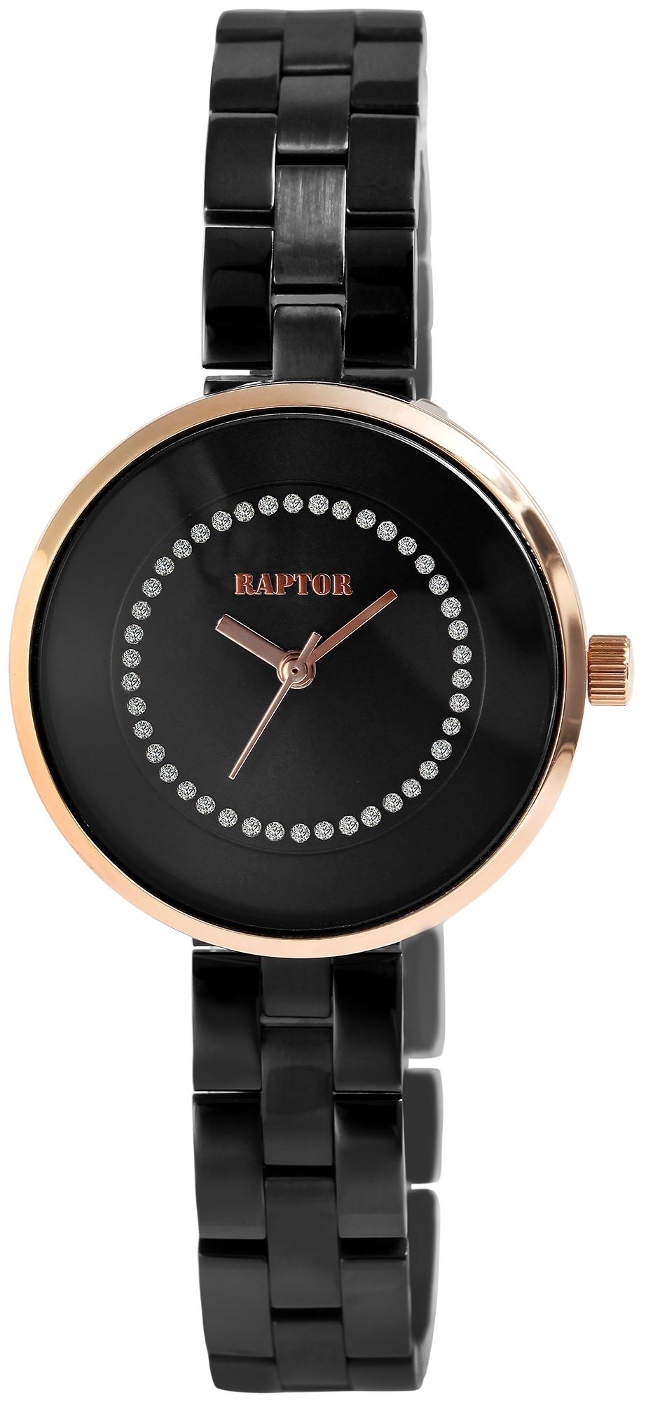 Raptor Damenuhr "Medina" mit Edelstahlarmband, schwarz/roségoldfarben
