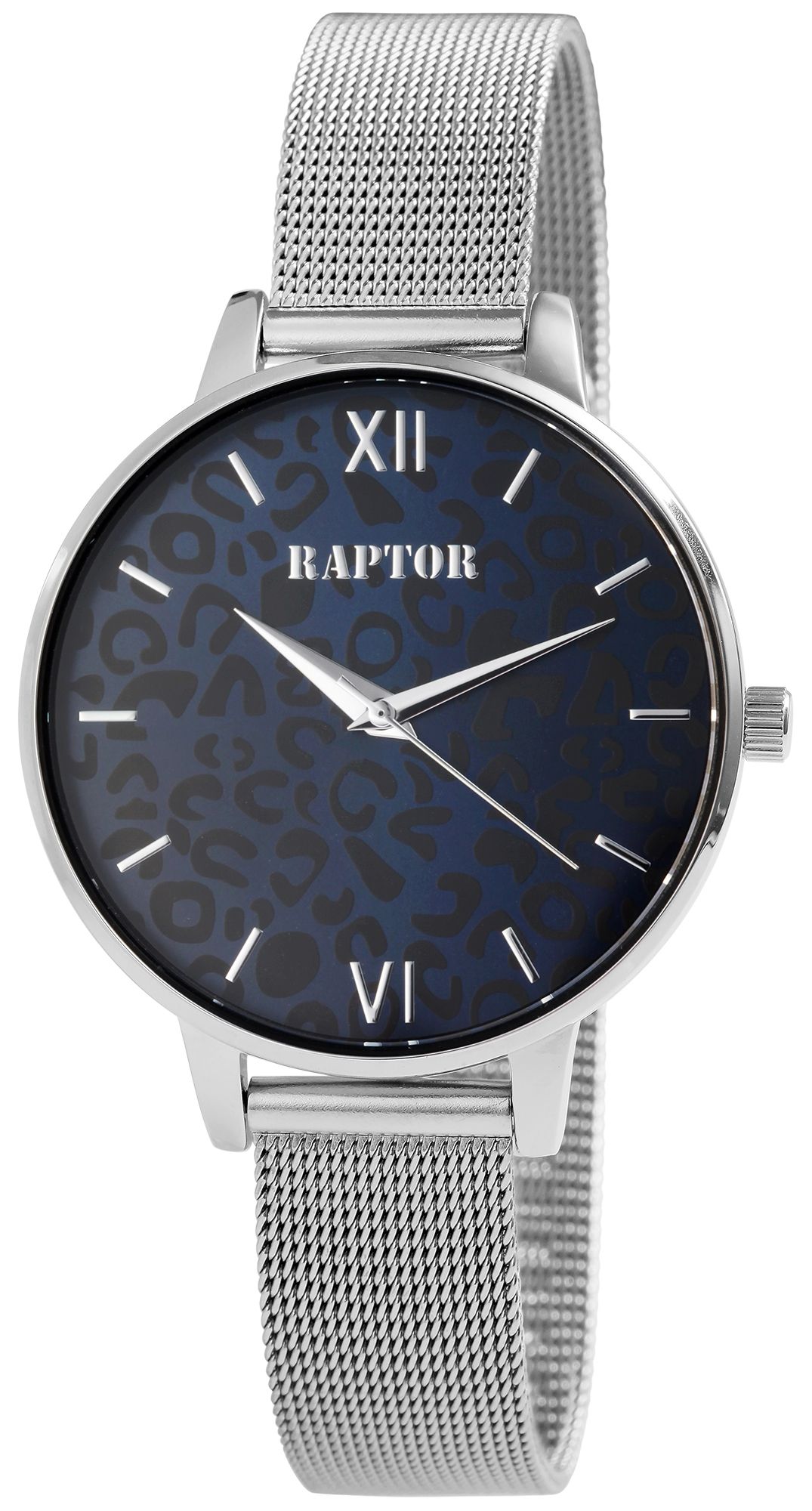 Raptor Damenuhr "Leonie" mit Edelstahl-Milanesearmband, Leoprint, silberfarben/blau