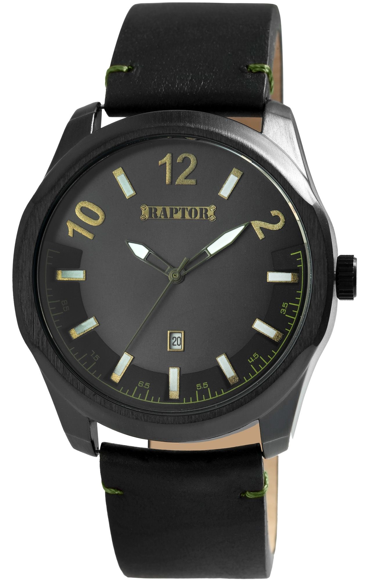 Raptor Herrenuhr "Charley" mit Echtlederarmband, Datumsanzeige, schwarz/goldfarben