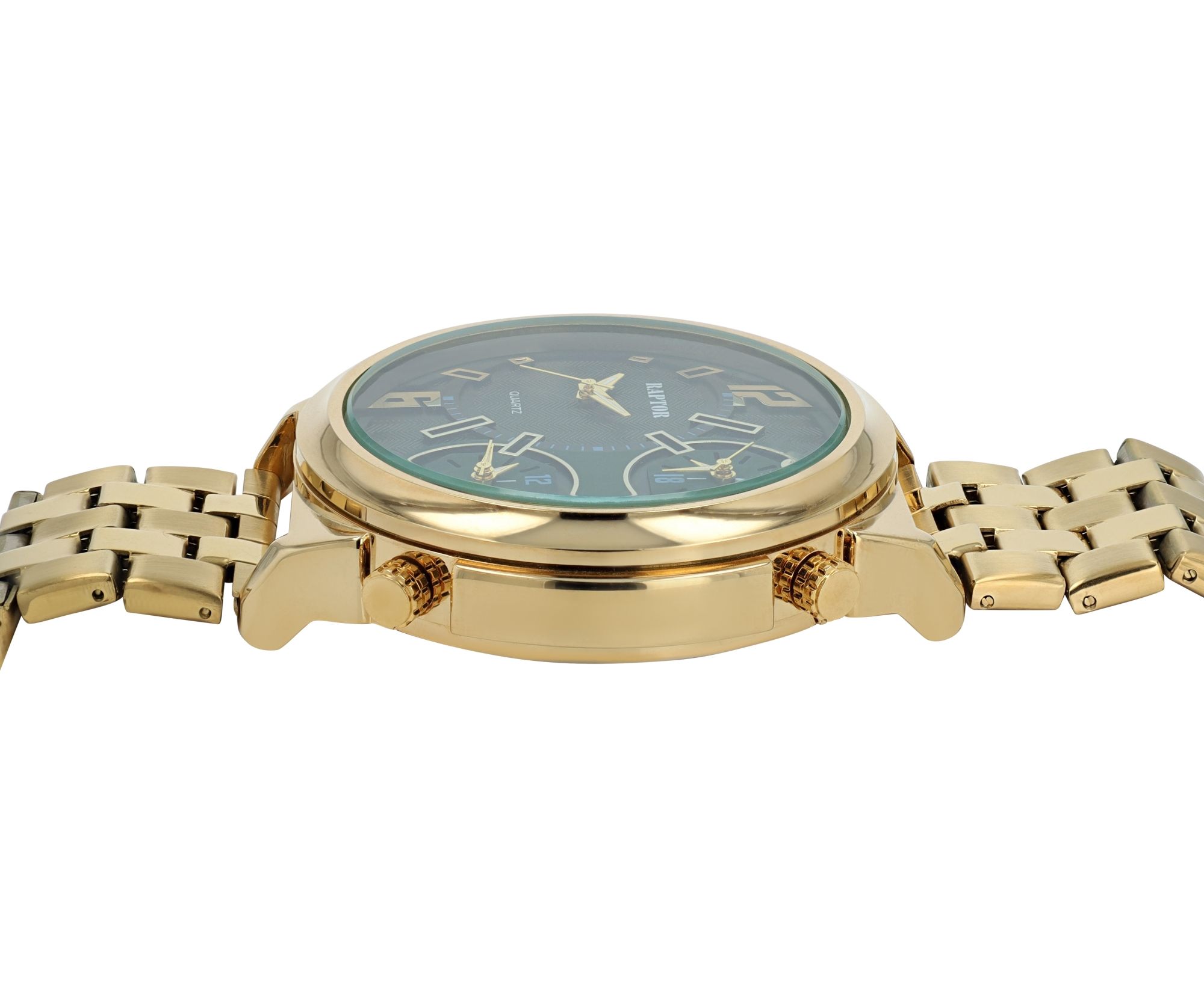 Raptor Herrenuhr "Lucius" mit Edelstahlband, 3-Zeitzonen, goldfarben/ZB grün