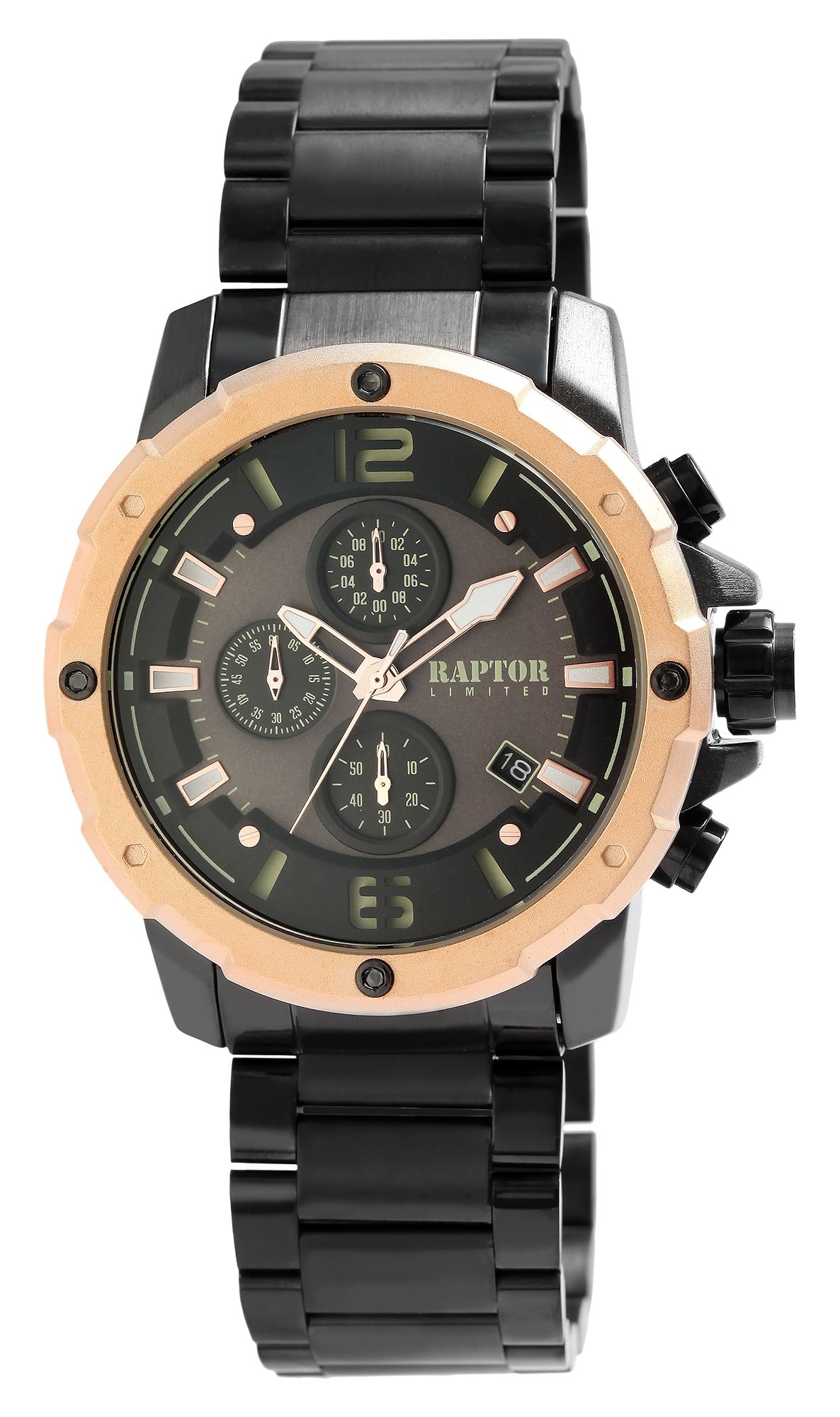 Raptor Limited Herrenchronograph "Soheil" mit Edelstahlarmband, schwarz/roségoldfarben