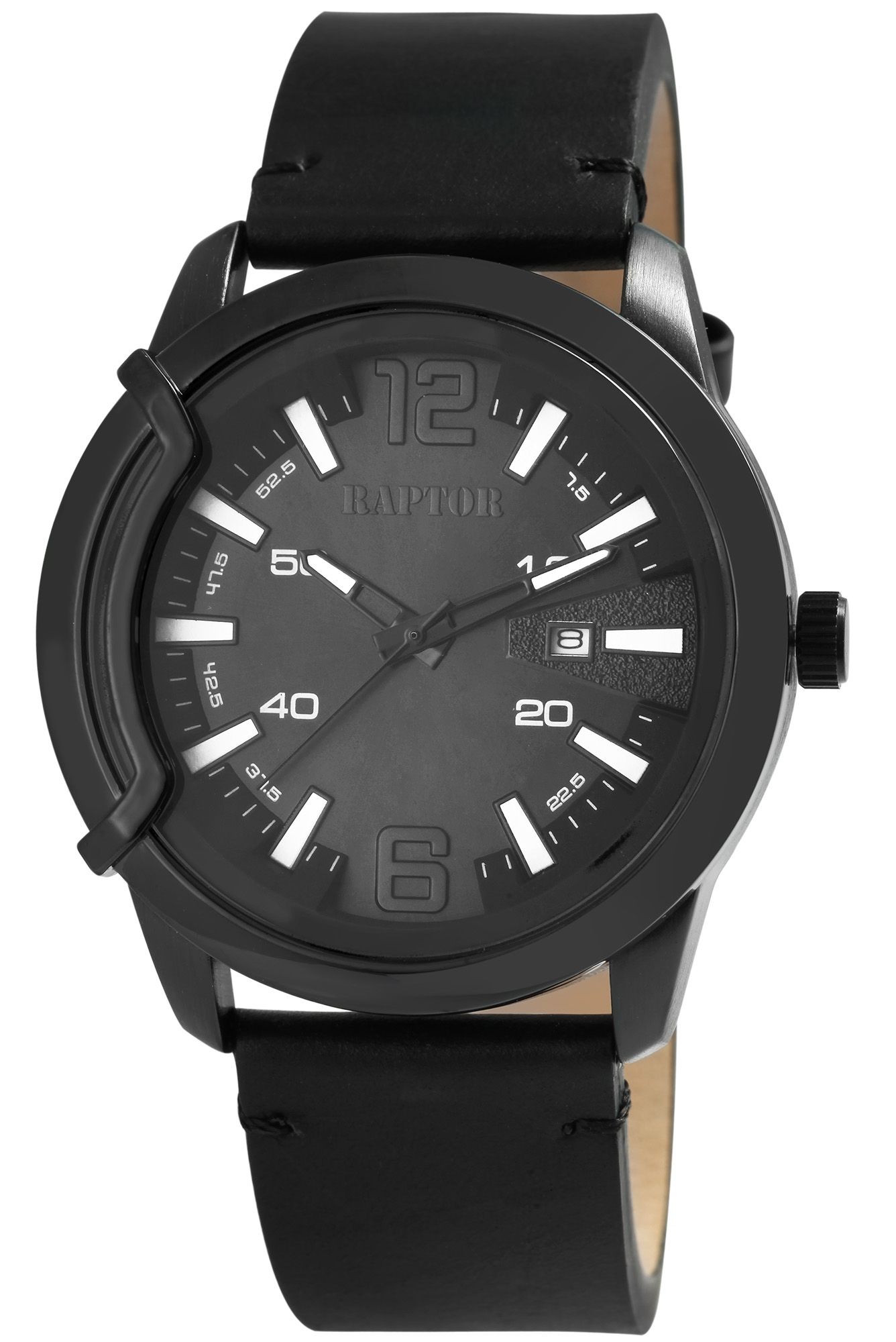 Raptor Herrenuhr "Davian" mit Echtlederarmband, Datumsanzeige, schwarz
