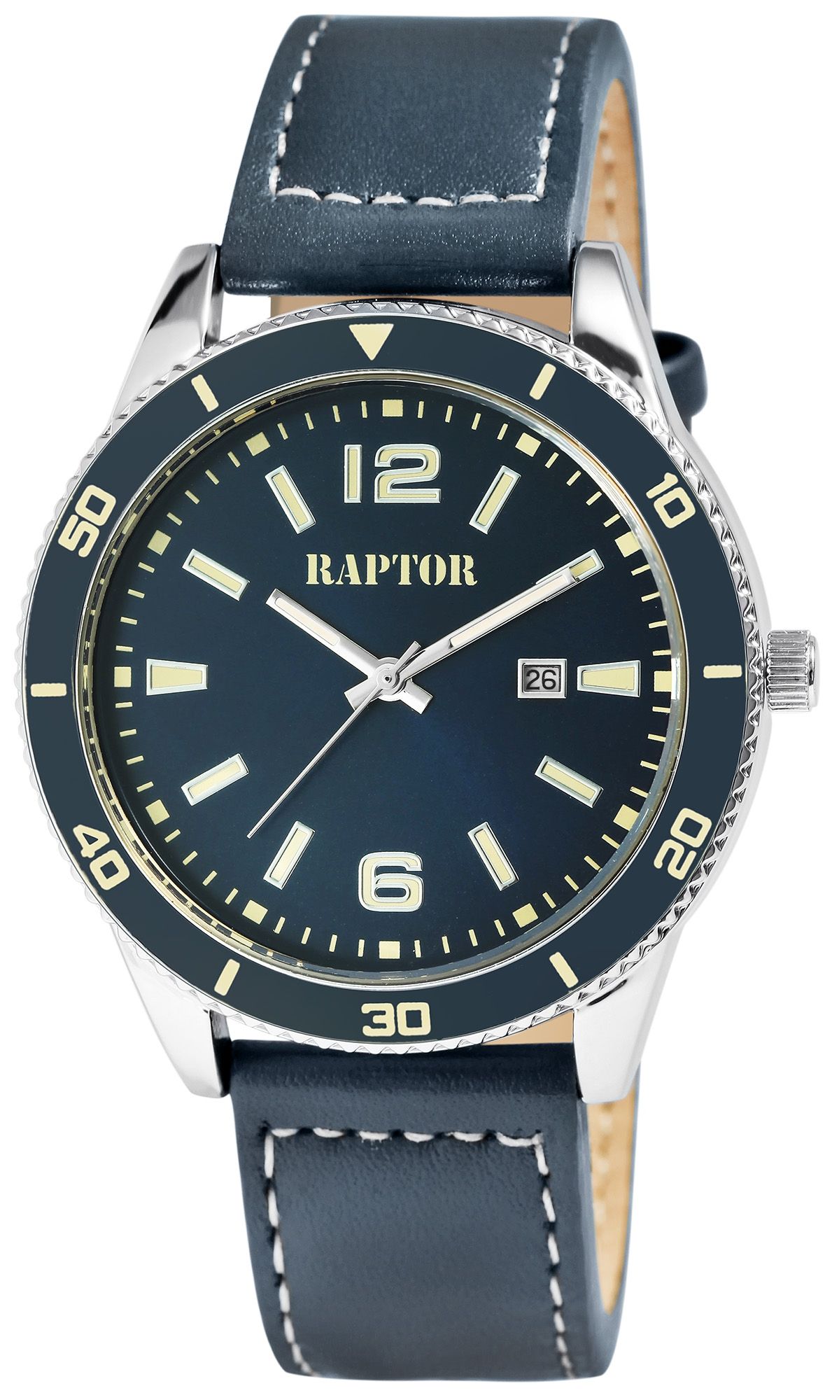 Raptor Herrenuhr "Simon" mit Echtlederarmband, Datumsanzeige, blau