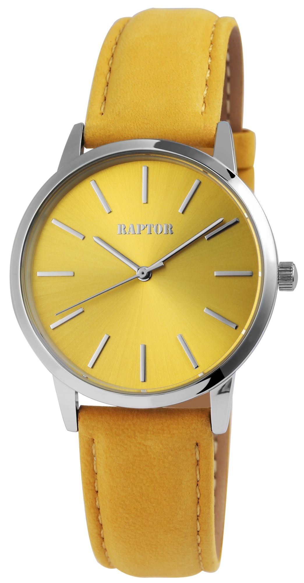 Raptor Damenarmbanduhr "Sunny" Echtlederarmband, silberfarben/gelb