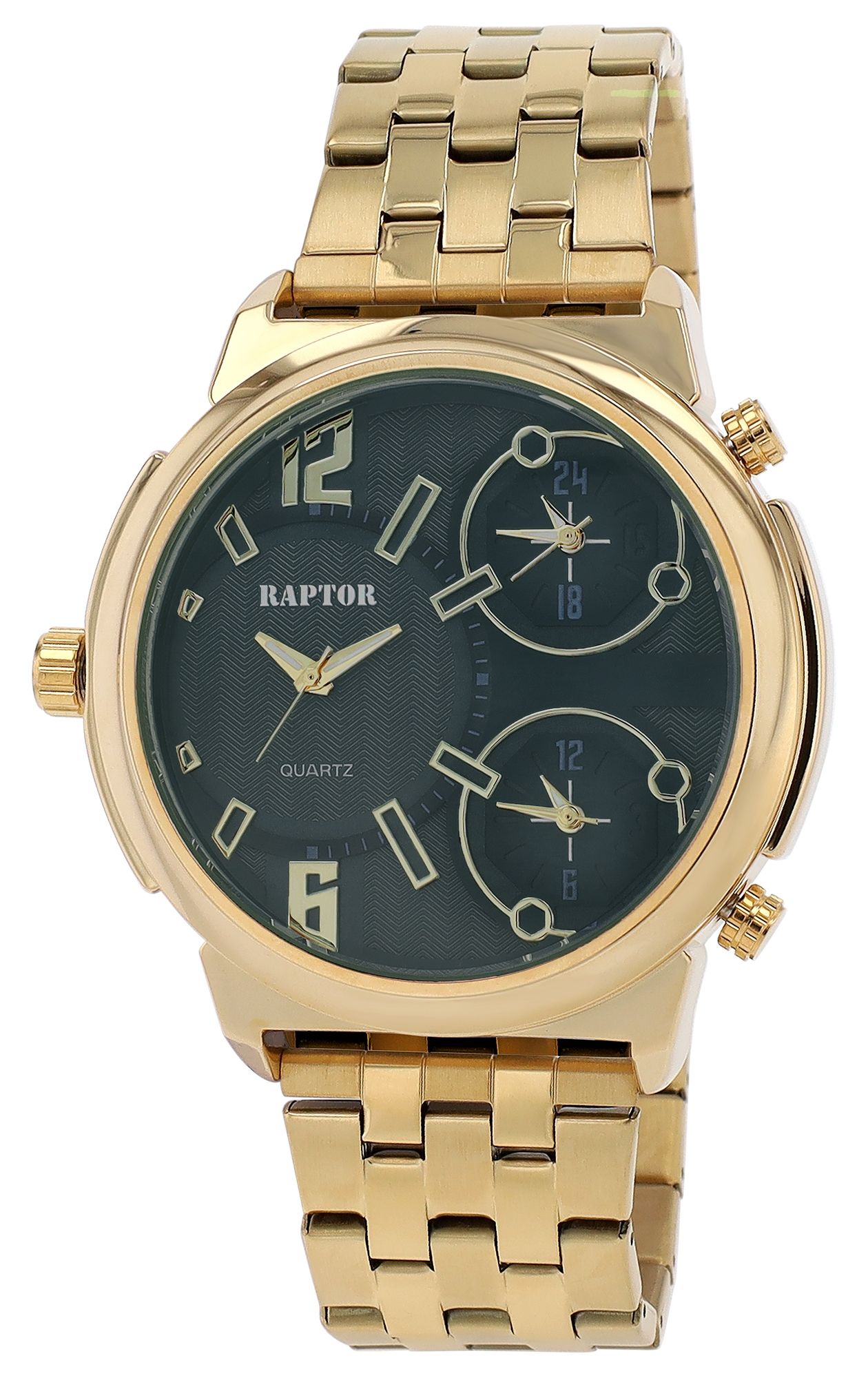 Raptor Herrenuhr "Lucius" mit Edelstahlband, 3-Zeitzonen, goldfarben/ZB grün