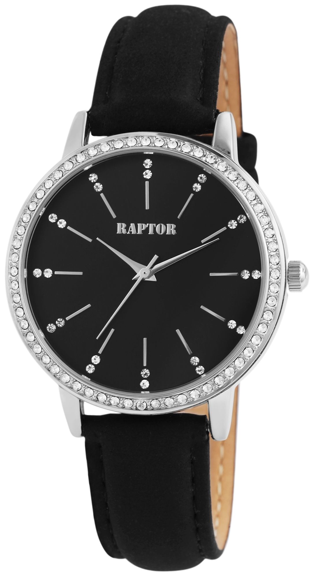 Raptor Damenarmbanduhr "Brilliance" mit Echtlederband, schwarz/silberfarben