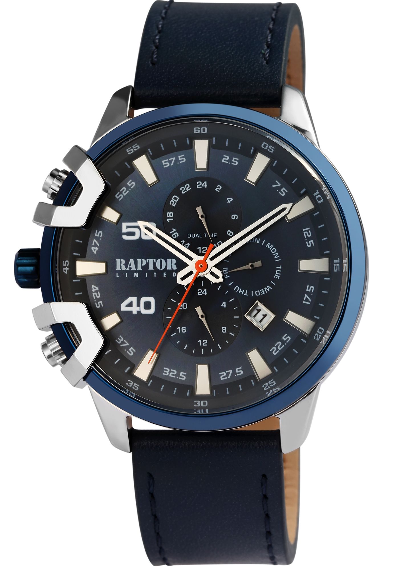 Raptor Limited Herren Multifunktionsuhr "Arve" mit Lederarmband, blau/silberfarben