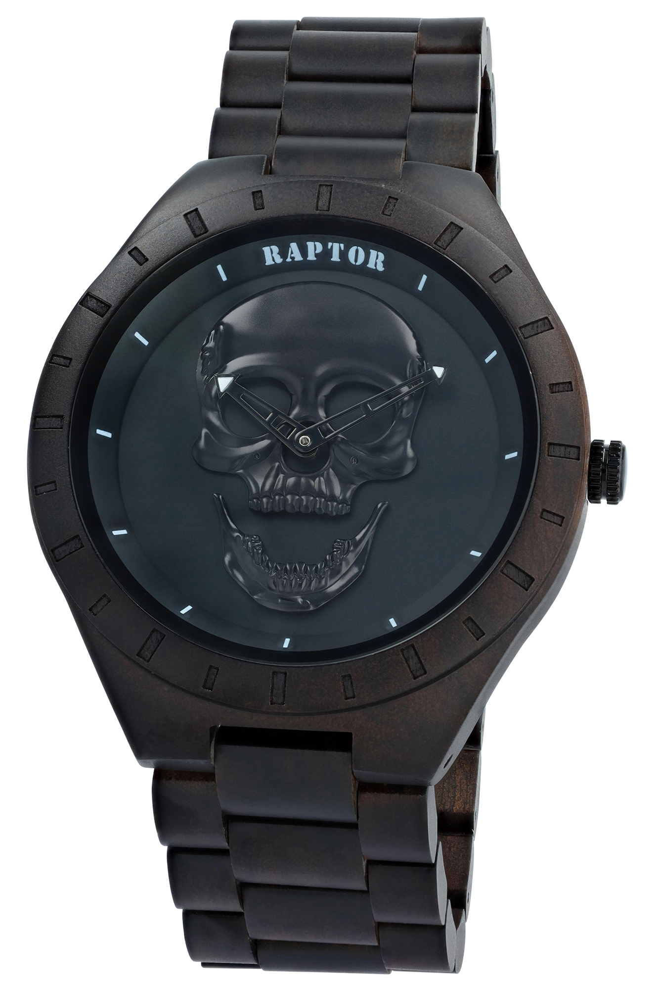 Raptor Herrenuhr "Snorre" aus Sandelholz mit Totenkopf in schwarz, Ø 52 mm