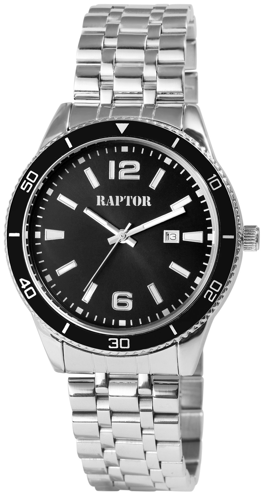 Raptor Herrenuhr "Brandon" mit Edelstahlarmband, Datumsanzeige, silberfarben/schwarz