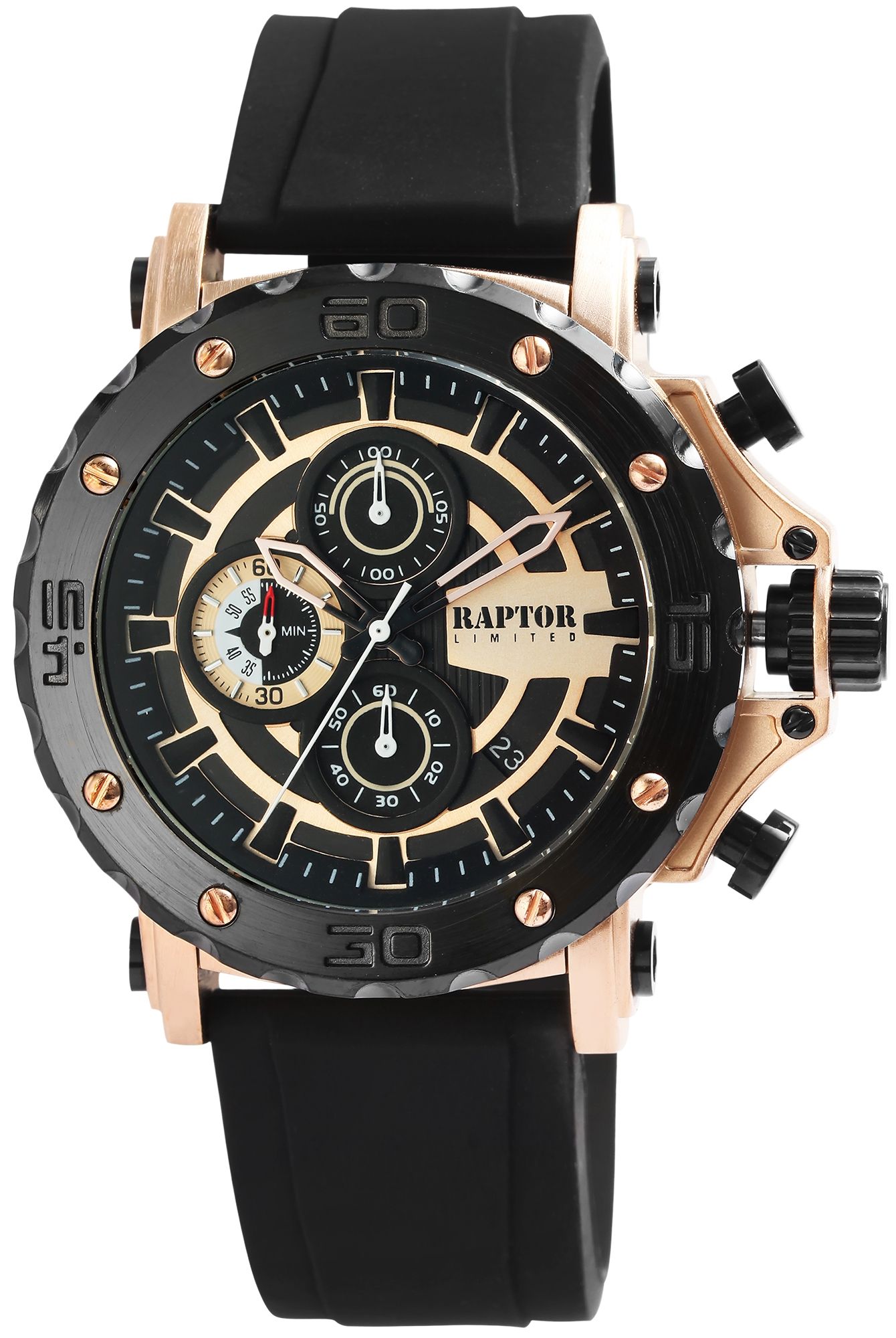 Raptor Limited Herrenchronograph "Raman" mit Silikonarmband, schwarz/roségoldfarben