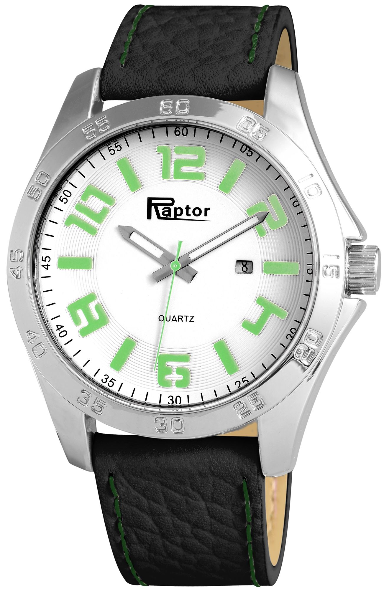 Raptor Herrenuhr "Fereon" mit Oberseite Echtleder/ Unterseite Lederimitatarmband, schwarz/ weiß/ grün