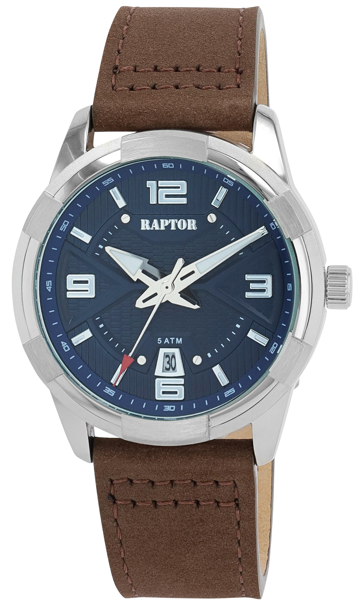 RAPTOR Herrenuhr "Noam" mit Echtlederband, Ø 42 mm, braun/ silberfarben/ blau