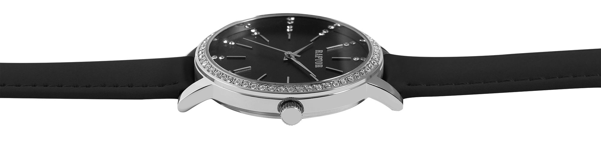 Raptor Damenarmbanduhr "Brilliance" mit Echtlederband, schwarz/silberfarben