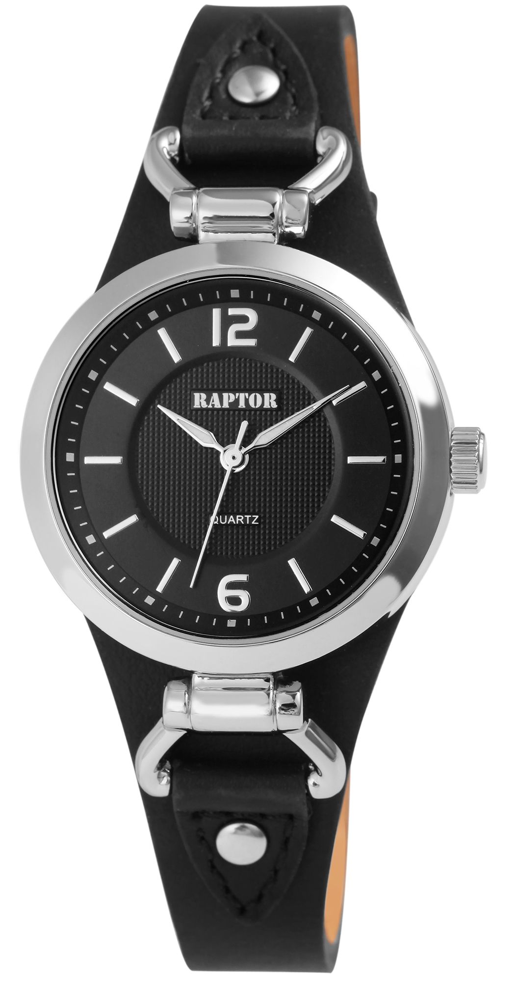 Raptor Damenuhr "Classic" Echtlederarmband, schwarz/silberfarben