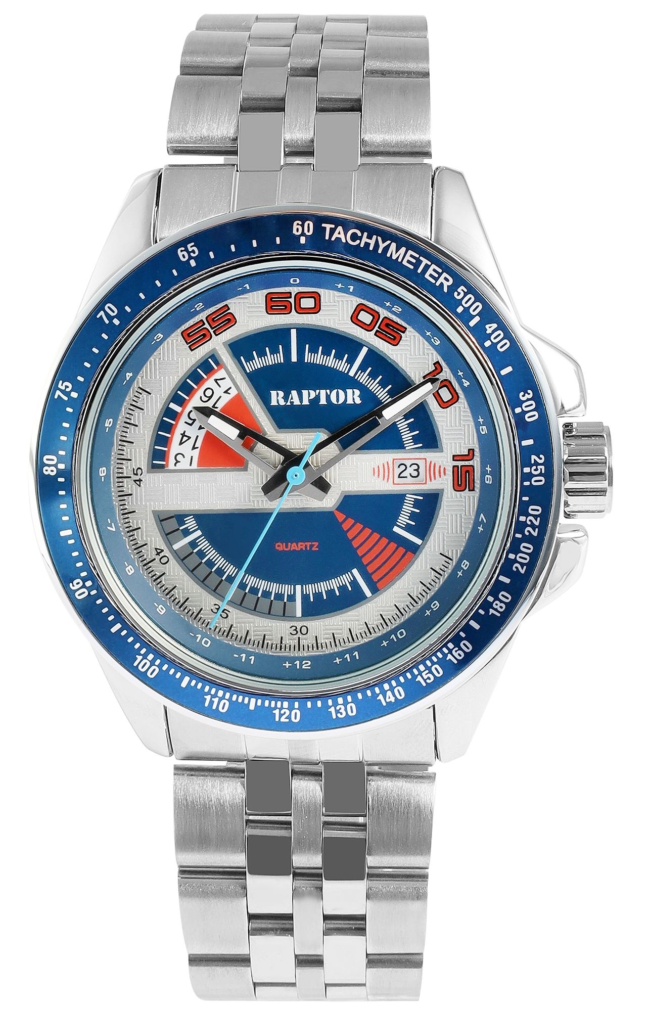 Raptor Herrenuhr "Elarian" mit Edelstahlarmband, Datumsanzeige, 5 ATM, silberfarben/blau