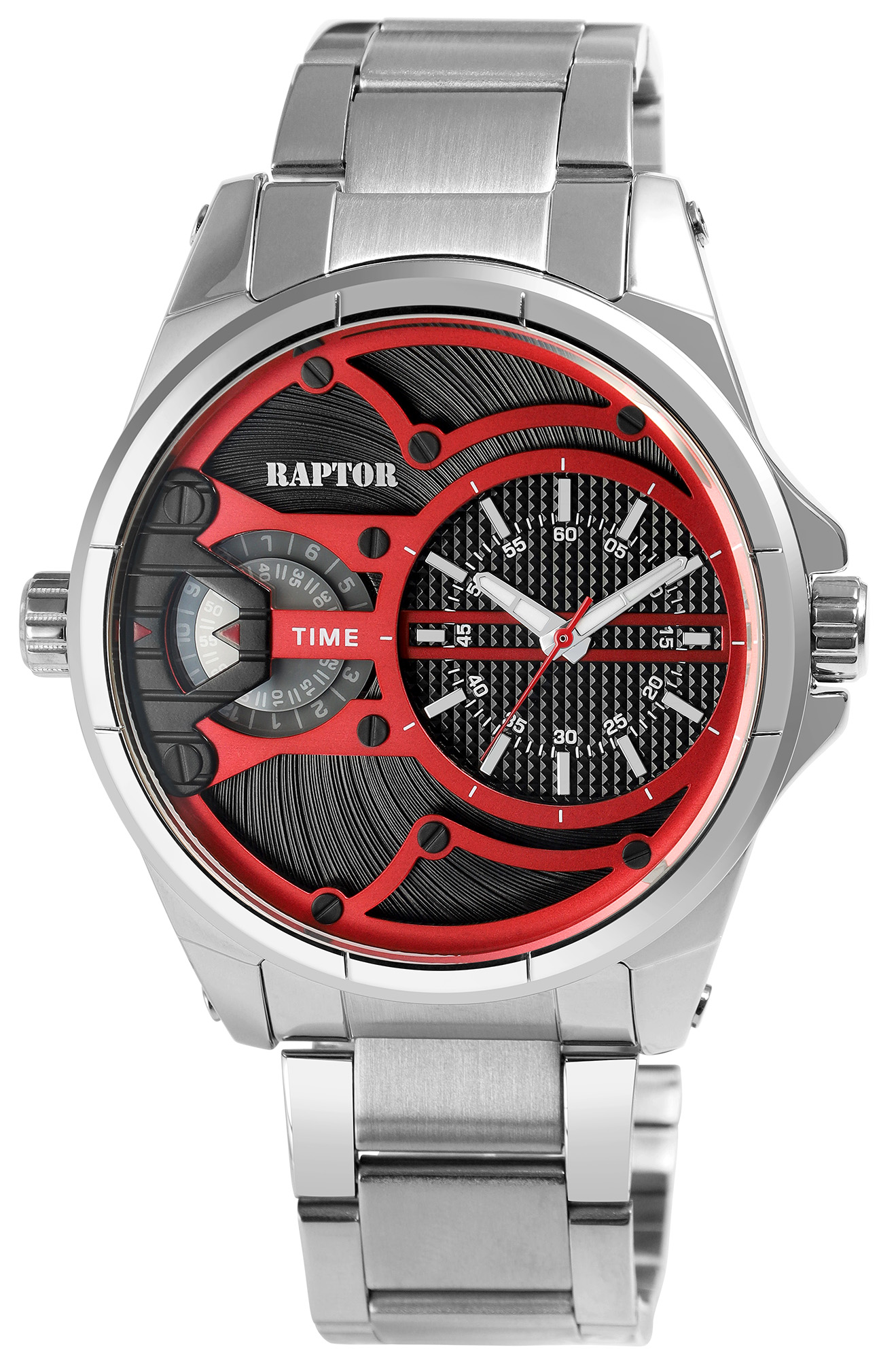 RAPTOR Herrenuhr "Gabriel" mit 2 Uhrwerken, Edelstahlband, 3ATM, silberfarben/ Rot/ Schwarz