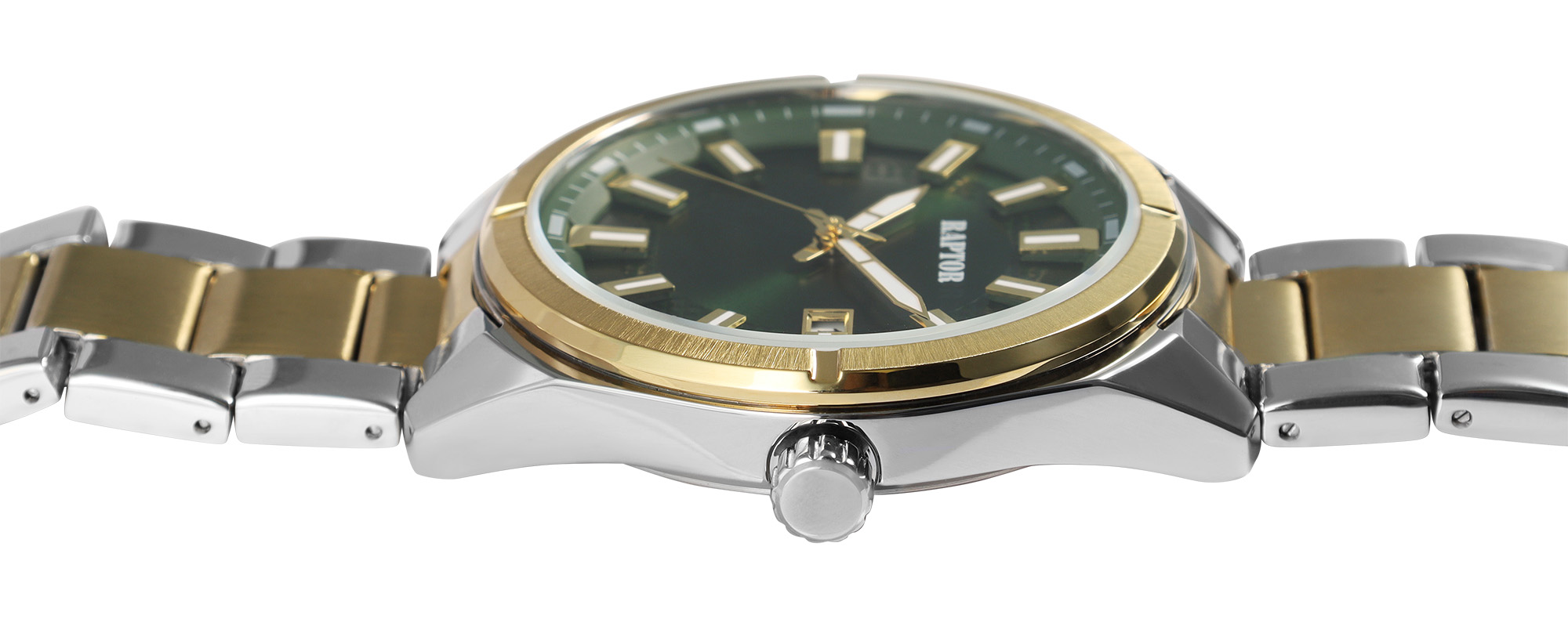 RAPTOR Herrenuhr "Nikolle" mit Edelstahlband Ø 44 mm, bicolor (silberfarben+goldfarben)/ Grün