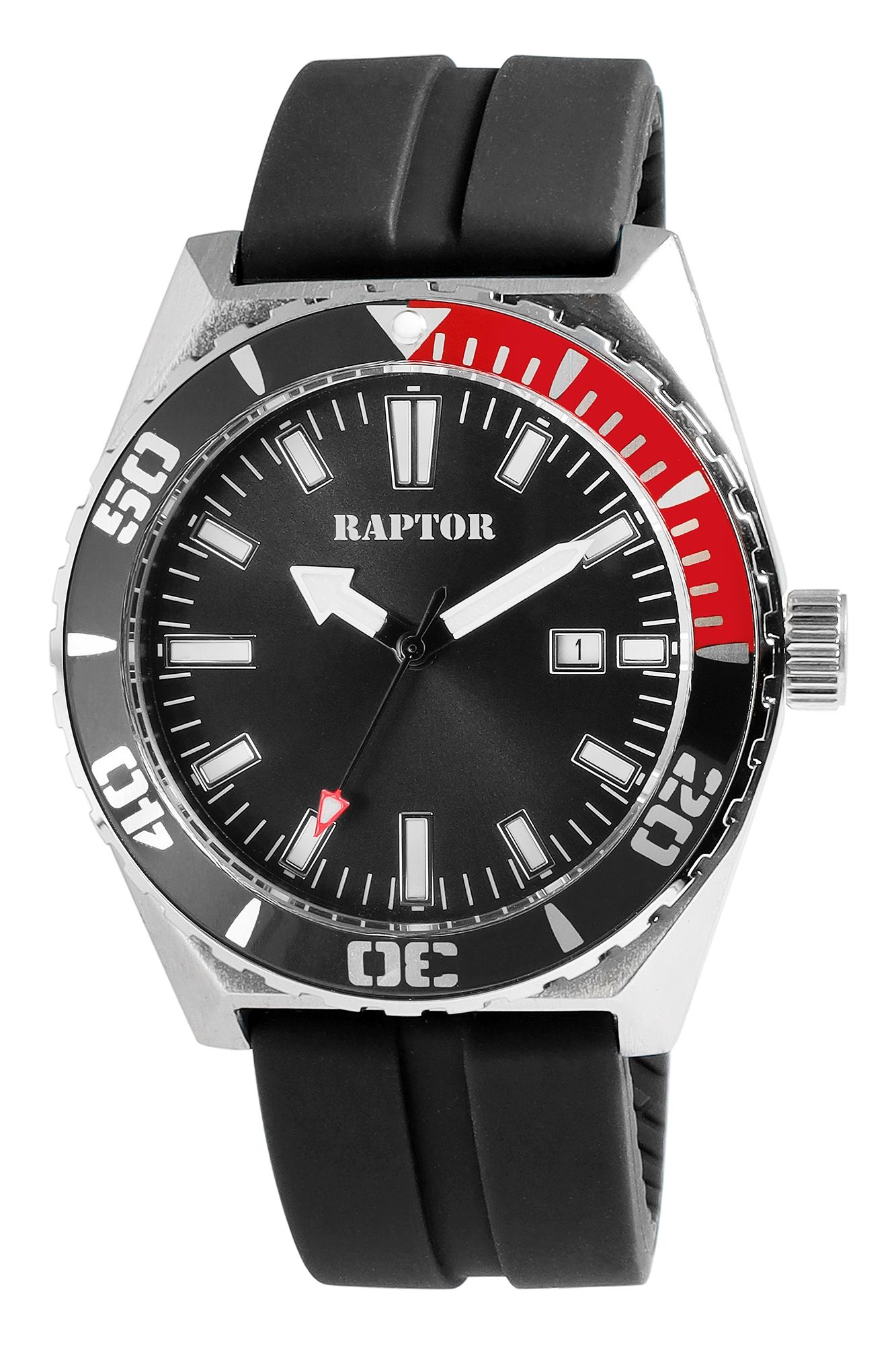 Raptor Herrenuhr "Jett" mit Silikonarmband, drehbare Lünette, Datumsanzeige, 5 ATM, schwarz