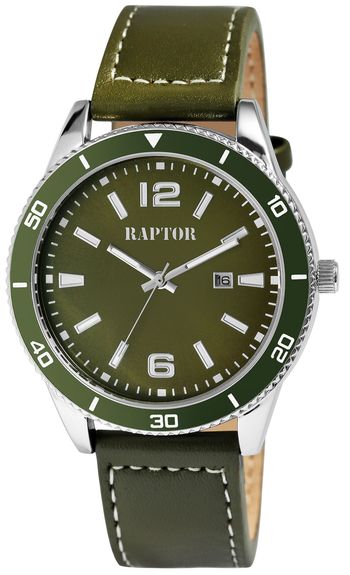 Raptor Herrenuhr "Simon" mit Echtlederarmband, Datumsanzeige, grün