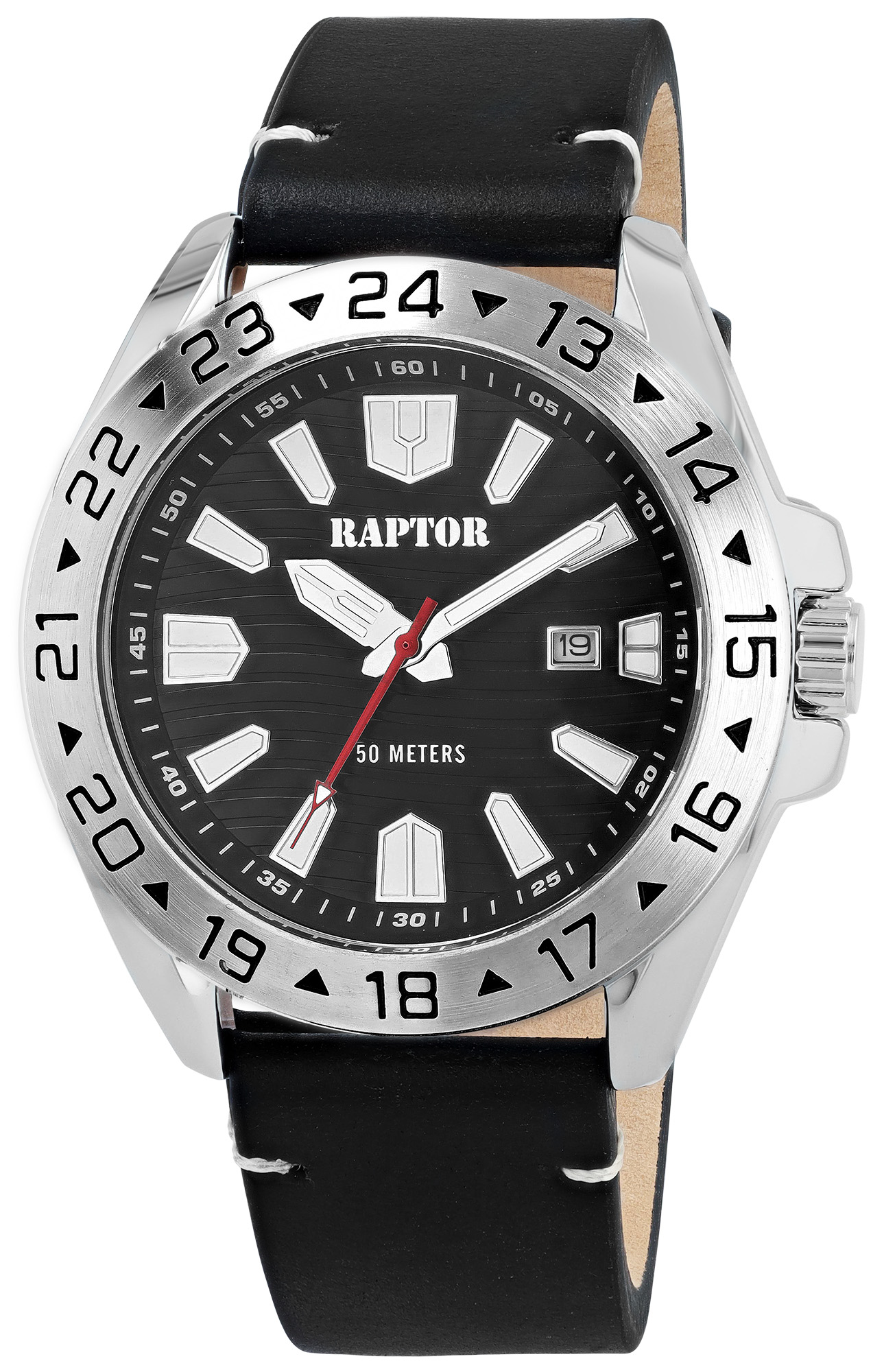 Raptor Herrenuhr "Kolja" mit Echtlederband, Ø 44 mm, schwarz/ silberfarben/ schwarz
