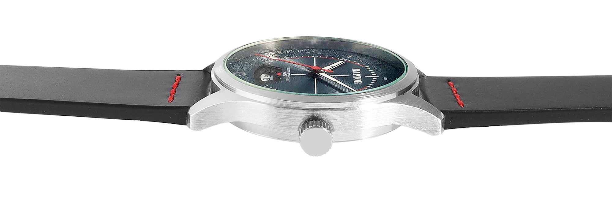 Raptor Herrenuhr "Falkor" mit Lederarmband, Datumsanzeige, 5 ATM, schwarz/ZB blau