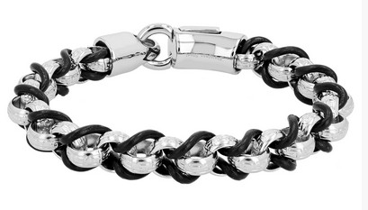 Raptor bracelet &quot;Kiran&quot; stainless steel with leather, 19 or 21 cm, silver/black