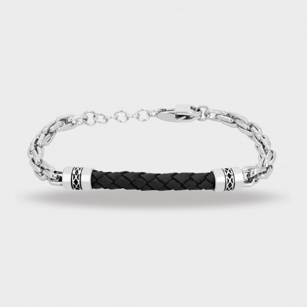 Raptor bracelet in leather and 316L stainless steel, silver/black